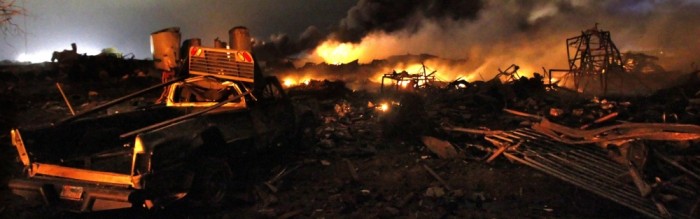 fire and wreckage after plant explosion